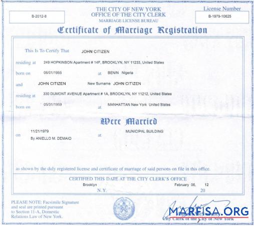 Realistic New York Office of the city clerk marriage certificate real example